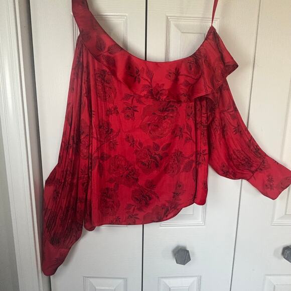 Free people floral one-shoulder satin top Red medium holiday whimsygoth sexy - Picture 2 of 9